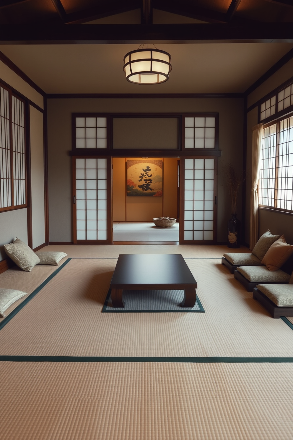 A serene Asian living room featuring tatami mats as the authentic flooring. The space is adorned with low wooden furniture, accentuated by soft cushions and a low coffee table.