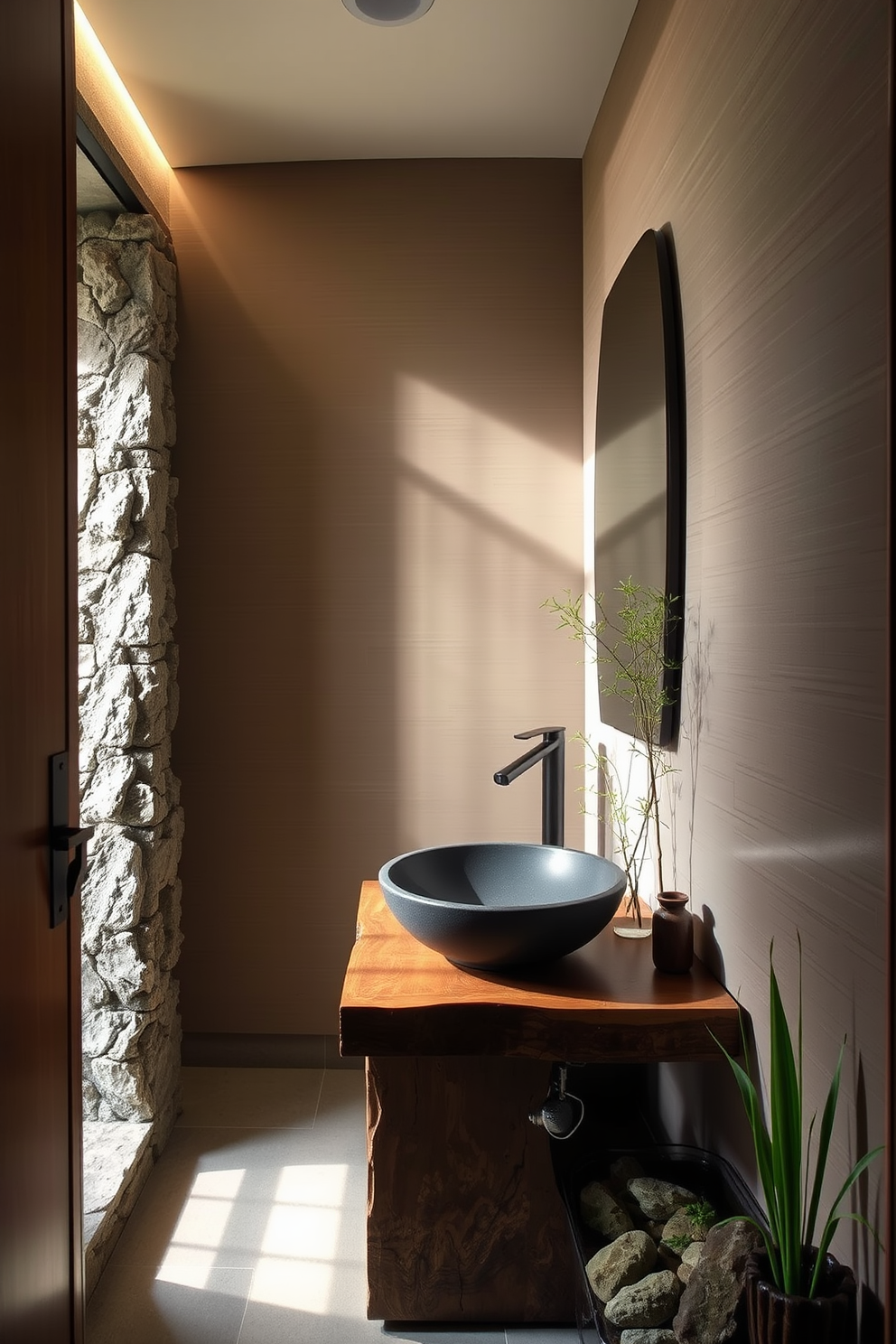 A tranquil Asian powder room featuring zen garden inspired pebble flooring that creates a serene atmosphere. The walls are adorned with bamboo accents and soft lighting that enhances the calming environment.