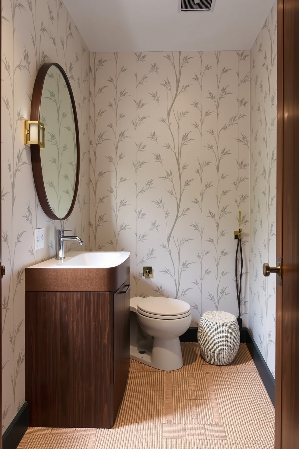 A serene powder room featuring tatami mat flooring that adds authenticity to the space. The walls are adorned with delicate bamboo wallpaper, and a sleek wooden vanity complements the natural elements.