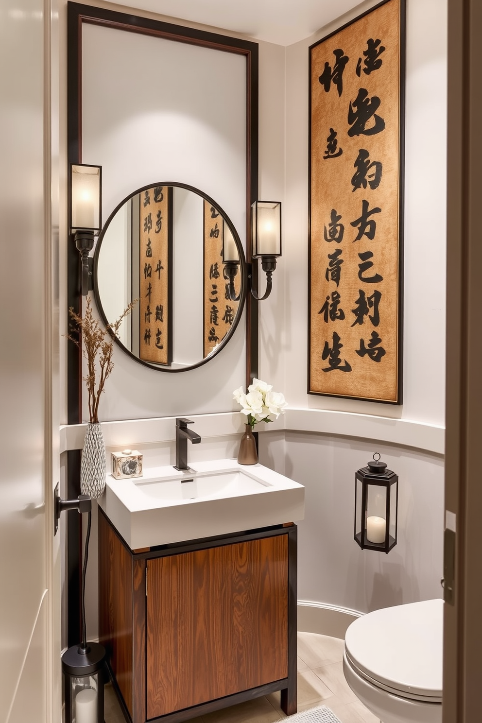 Open shelving displays a curated collection of delicate Asian ceramics, showcasing intricate designs and vibrant colors. The walls are painted in a soft pastel hue, creating a serene backdrop that complements the ceramics beautifully. The powder room features elegant fixtures with gold accents, harmonizing with the artistic elements of the ceramics. A minimalist wooden stool is placed beneath the shelving, providing both functionality and a touch of warmth to the space.