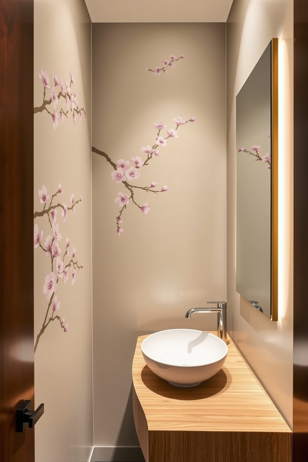 Elegant cherry blossom motifs adorn the walls of an Asian-inspired powder room. The space features a sleek floating vanity with a natural wood finish and a delicate porcelain sink, complemented by soft ambient lighting.