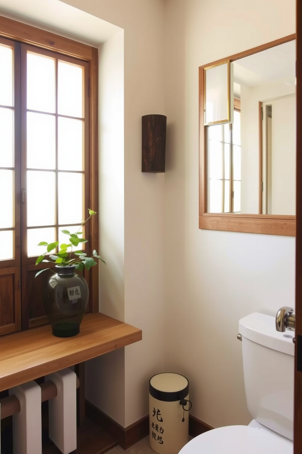 A serene powder room featuring traditional shoji screens that provide privacy while allowing soft light to filter through. The space is adorned with natural wood accents and subtle Asian-inspired decor, creating a tranquil atmosphere.