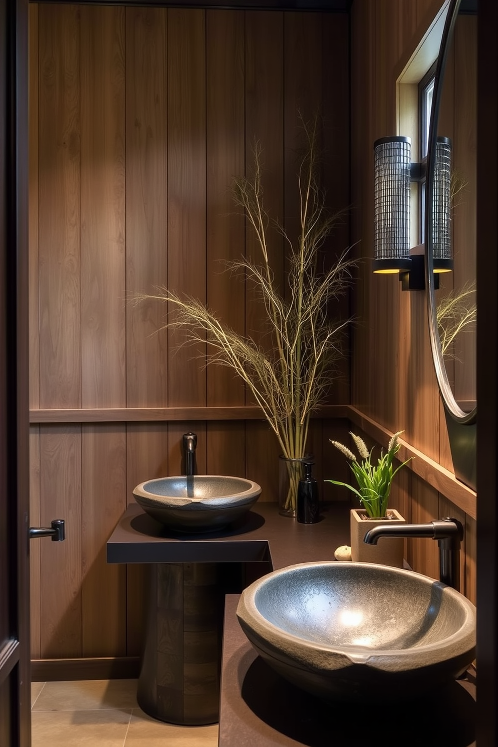 Soft neutral color palette throughout. The walls are adorned with delicate rice paper wallpaper featuring subtle floral patterns. A sleek wooden vanity with a smooth stone countertop sits beneath a large round mirror framed in natural wood. Elegant pendant lights hang above, casting a warm glow over the space. The floor is covered in light bamboo planks, enhancing the serene atmosphere. A small potted bonsai tree adds a touch of greenery to the room. Luxurious towels in soft beige are neatly arranged on the vanity. Decorative elements include a stone soap dispenser and a simple ceramic vase.