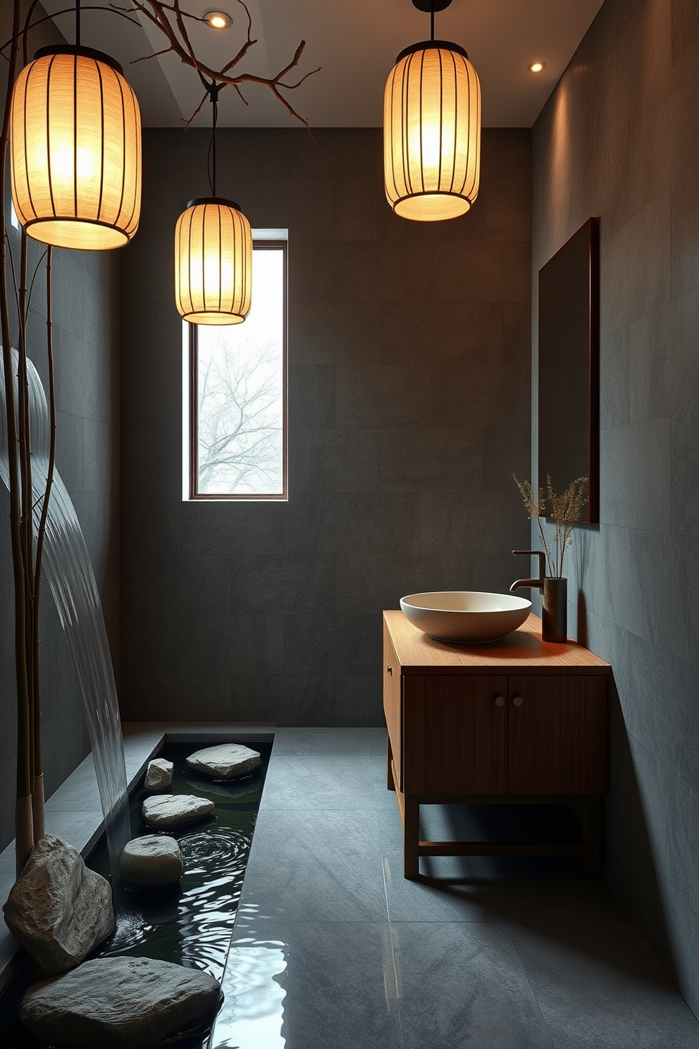 A calming water feature creates a serene atmosphere in the Asian powder room. The space is adorned with natural stone elements and soft bamboo accents, enhancing the tranquil vibe. Delicate lanterns hang from the ceiling, casting gentle light across the room. A minimalist wooden vanity complements the soothing color palette of soft blues and earthy tones.