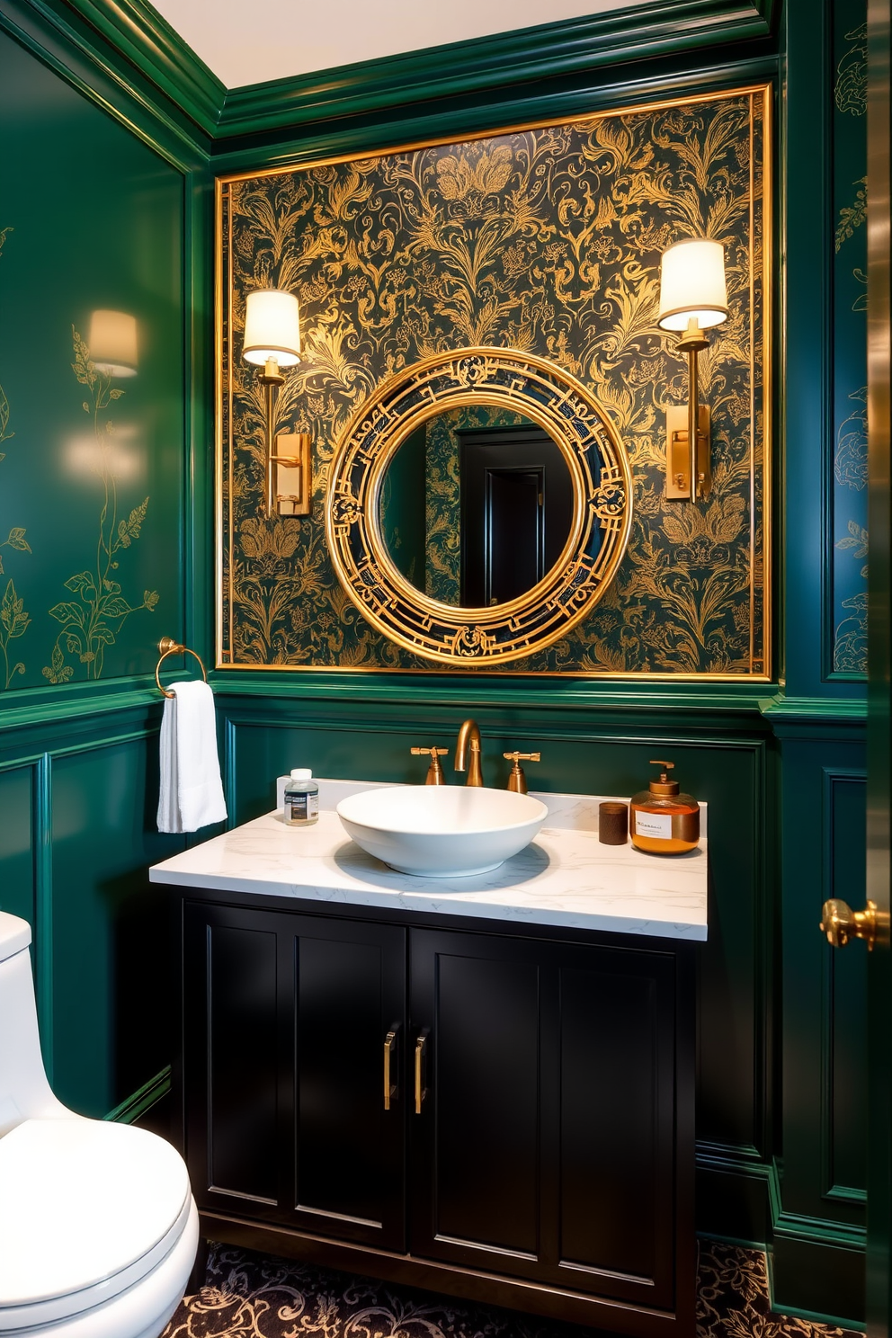 A stunning Asian powder room featuring rich jewel tones that create a luxurious and inviting atmosphere. The walls are adorned with deep emerald green paint, complemented by intricate gold accents and a beautifully patterned wallpaper. A sleek black vanity with a white marble top serves as the focal point, showcasing an elegant vessel sink. Above the vanity, a round mirror with an ornate gold frame reflects the ambient lighting from stylish wall sconces.