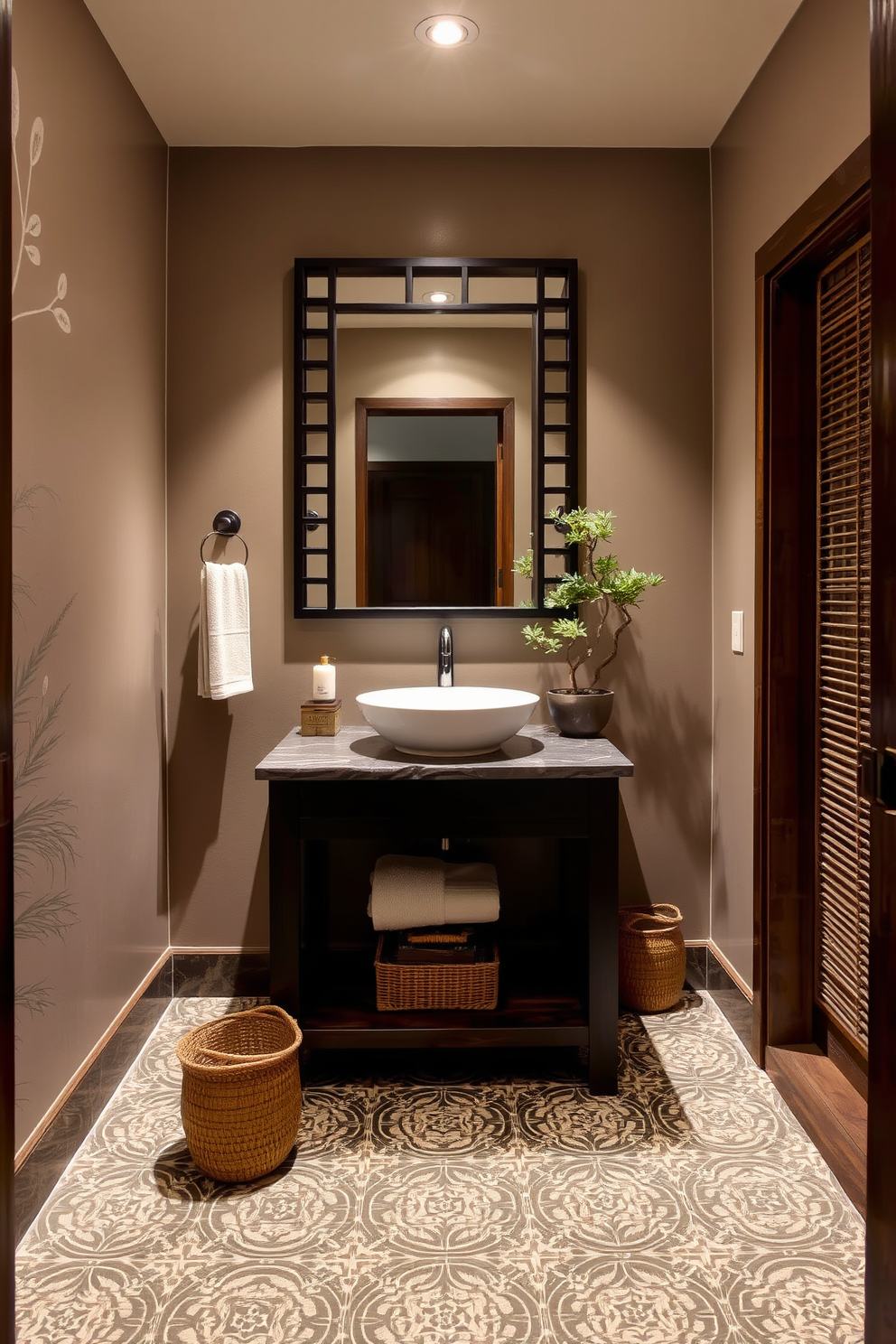 A serene powder room featuring a minimalist design with soft lighting. The space is adorned with various succulent plants arranged on a sleek floating shelf, bringing a fresh and lively touch. The walls are painted in a calming shade of light beige, complementing the natural greens of the plants. A modern sink with clean lines sits atop a dark wood vanity, enhancing the overall elegance of the room.