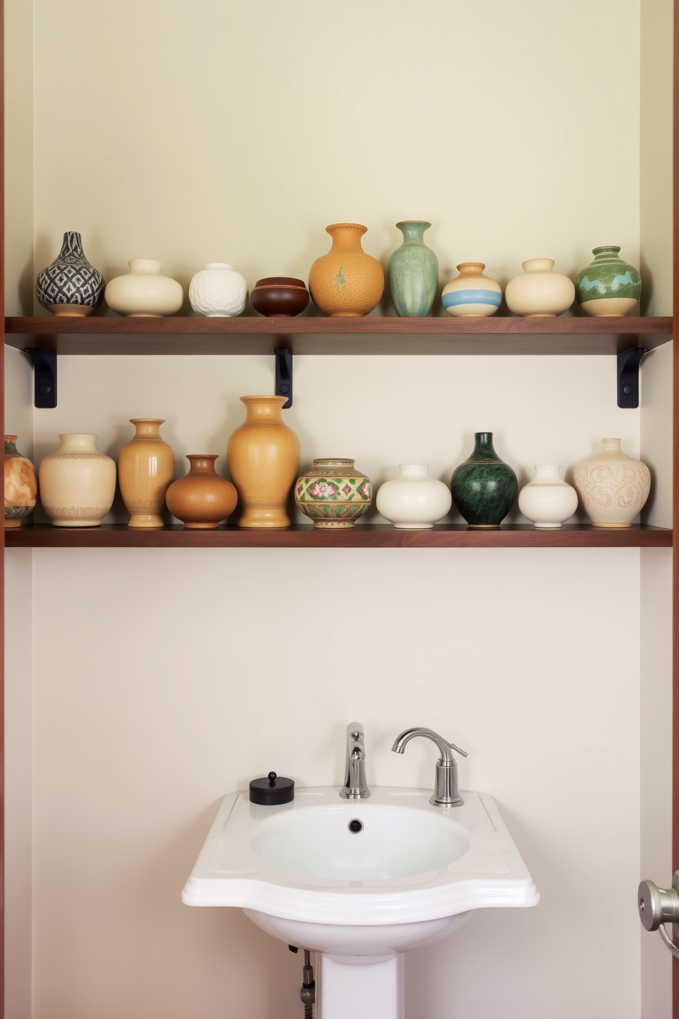 A serene Asian powder room features open shelving adorned with an array of decorative pottery in various shapes and colors. The walls are painted in a soft neutral tone, creating a calming backdrop that highlights the unique pottery pieces.