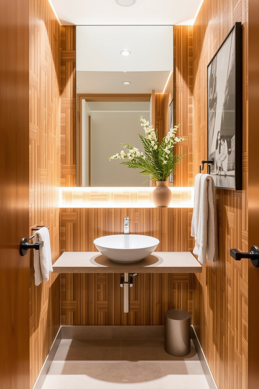 A serene powder room featuring bamboo wall panels that add a touch of natural warmth and texture. The space is accented with soft lighting and minimalist decor to create a tranquil atmosphere. Elegant fixtures complement the bamboo, including a sleek vessel sink and a contemporary faucet. The color palette consists of earthy tones, enhancing the calming effect of the design.