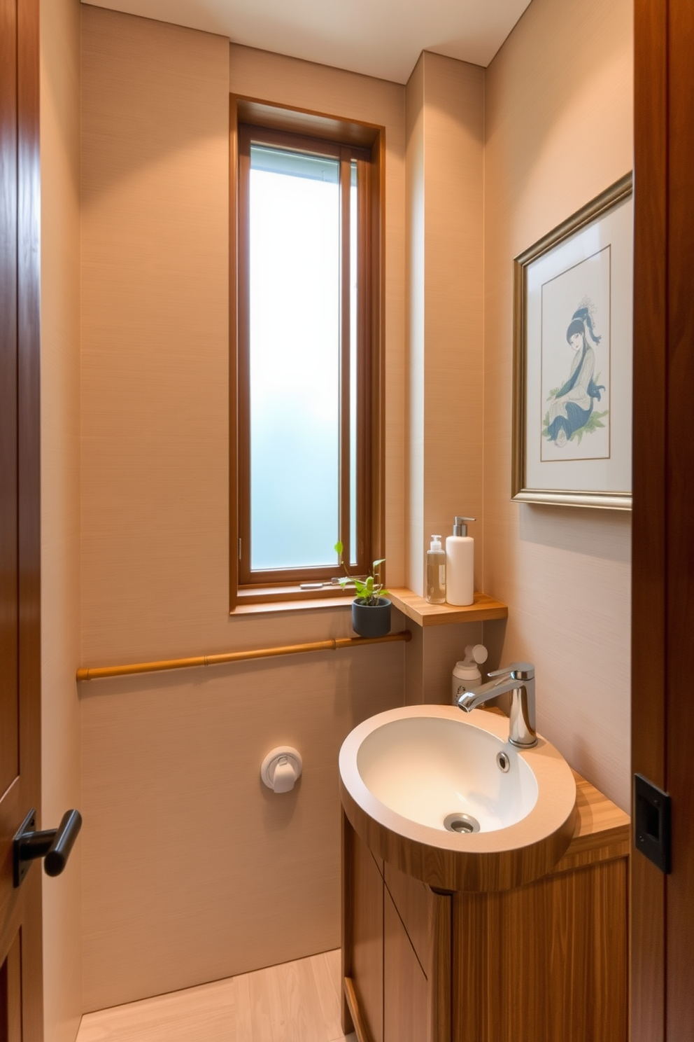 A compact Asian powder room featuring elegant bamboo accents and a small, round sink with a sleek wooden vanity. The walls are adorned with subtle rice paper wallpaper, and a framed piece of traditional artwork adds a cultural touch. Natural light filters through a frosted glass window, enhancing the serene atmosphere. A minimalist shelf holds neatly arranged toiletries, while a small potted plant brings a hint of greenery to the space.