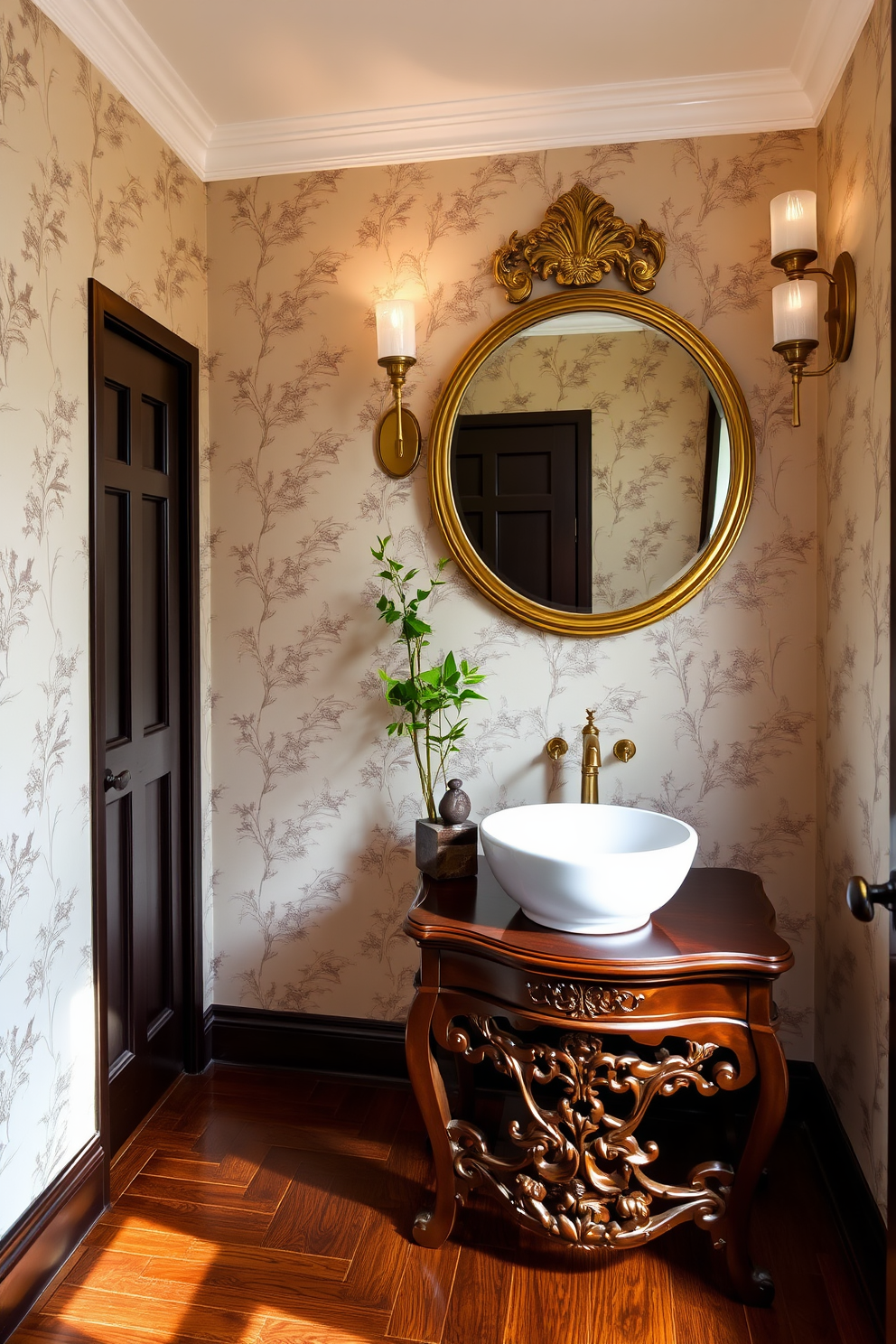 A serene powder room featuring elegant faucets with intricate Asian design influences. The walls are adorned with delicate silk wallpaper showcasing traditional motifs, while the flooring consists of polished dark wood for a warm contrast. A freestanding porcelain sink sits atop a carved wooden vanity, complemented by a large round mirror framed in ornate gold. Soft lighting from stylish sconces casts a gentle glow, highlighting decorative elements like a bamboo plant and a small stone sculpture.