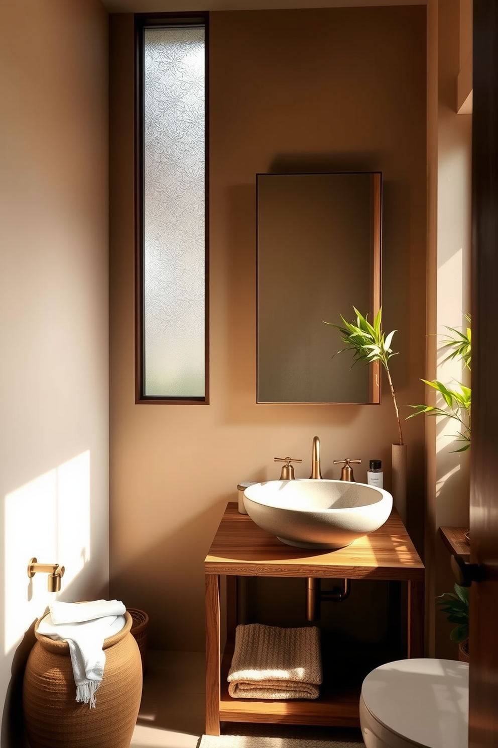 A serene powder room bathed in natural light filters through frosted glass windows. The space features a minimalist wooden vanity with a sleek vessel sink, complemented by elegant Asian-inspired decor elements.