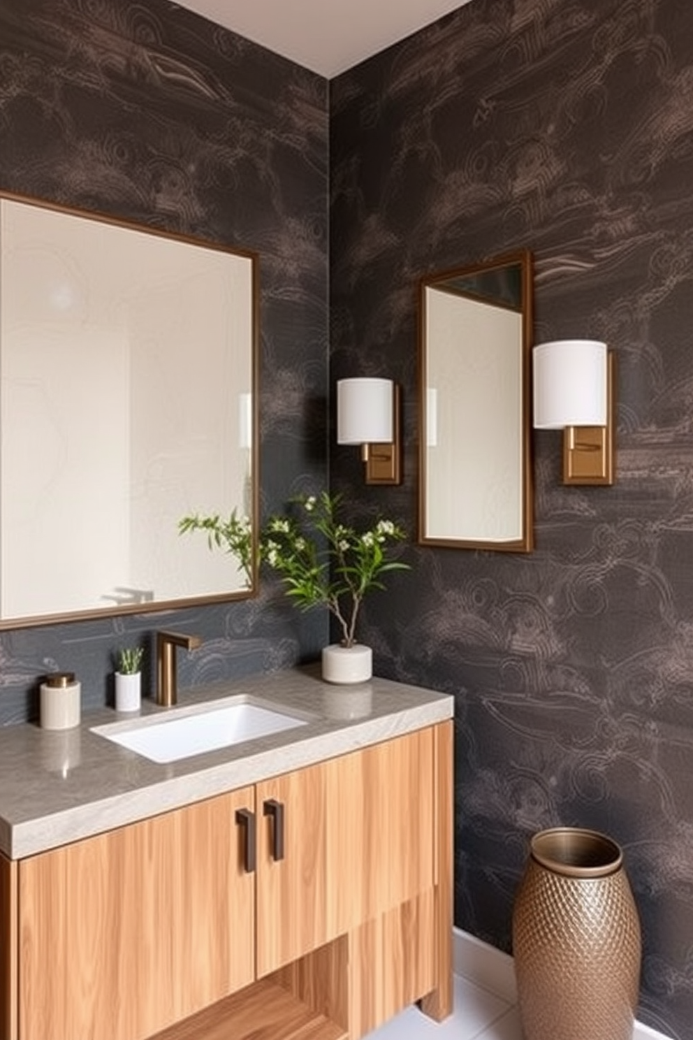 A serene powder room featuring warm wood tones that create a cozy atmosphere. The walls are adorned with subtle Asian-inspired patterns, and a sleek wooden vanity complements the space. A round mirror with an intricate wooden frame hangs above the vanity, reflecting the soft ambient lighting. Elegant bamboo accents and a small potted plant add a touch of nature to the design.