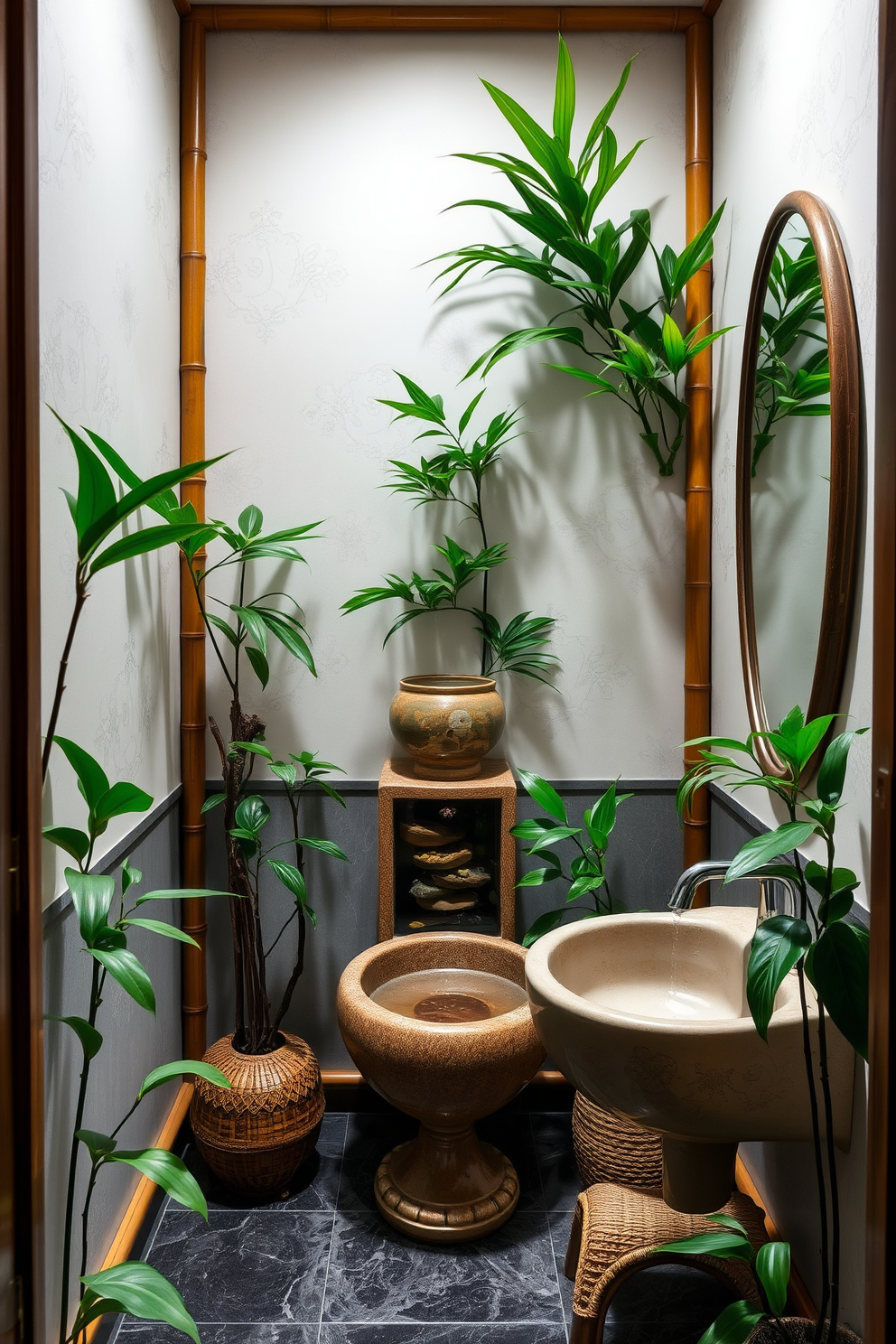 A serene Asian powder room featuring hand-painted tiles that bring unique charm and character to the space. The walls are adorned with intricate patterns, while a minimalist wooden vanity complements the vibrant tile work.