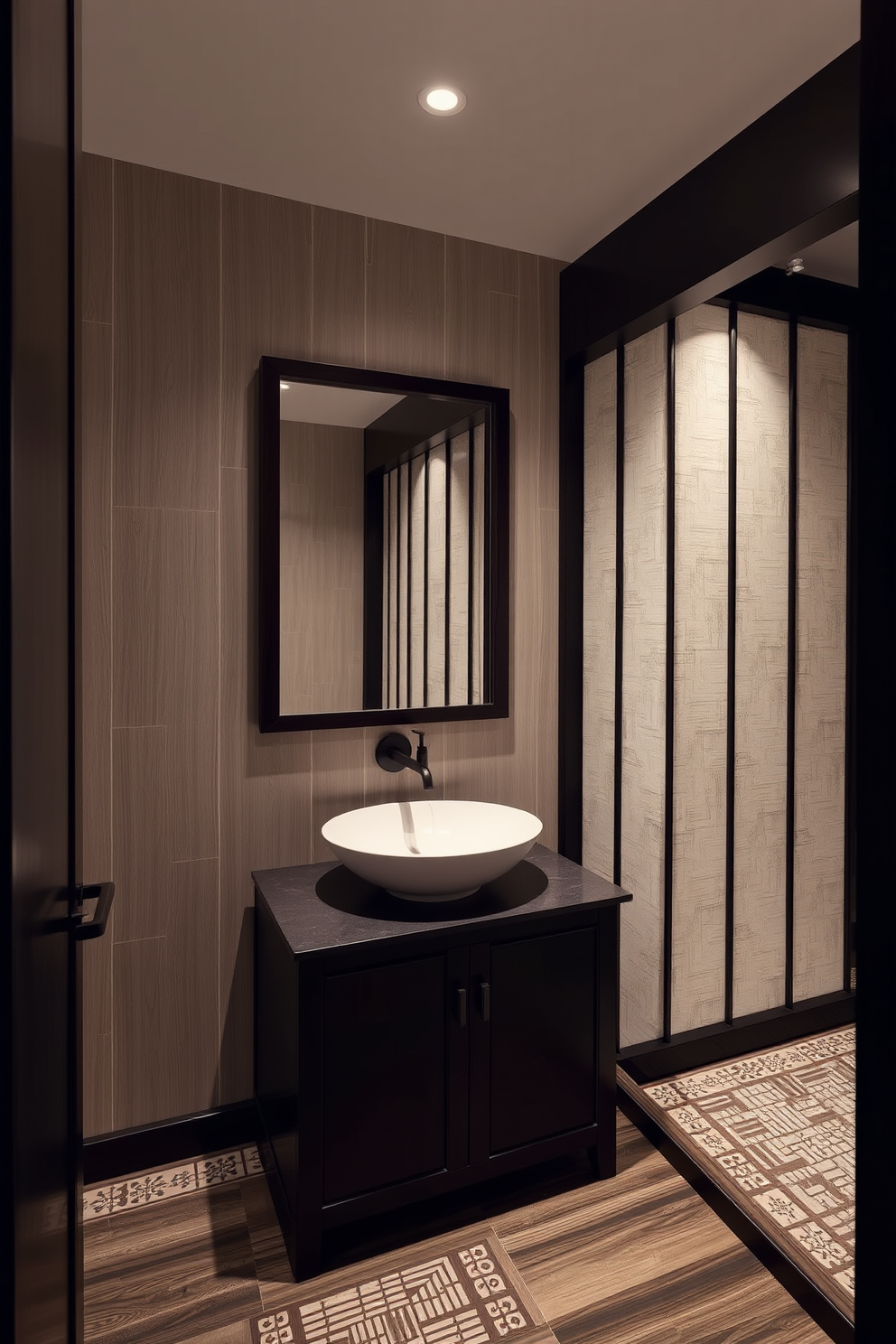 A floating vanity with clean lines and a sleek finish is the focal point of this modern Asian powder room. The walls are adorned with subtle bamboo wallpaper, creating a serene and calming atmosphere. A round mirror with a minimalist frame hangs above the vanity, reflecting the soft ambient lighting. Decorative elements like a small bonsai tree and elegant soap dispensers add a touch of sophistication to the space.