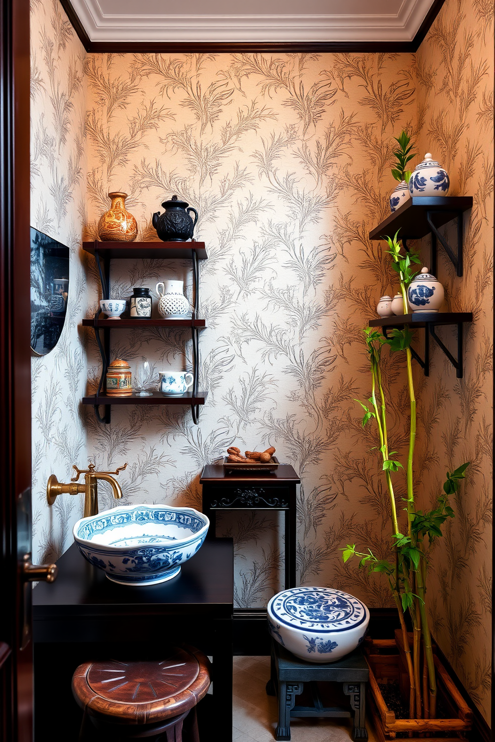 A charming Asian powder room features vintage decor pieces that evoke a sense of tranquility and elegance. The walls are adorned with delicate silk wallpaper showcasing traditional motifs, while a small antique wooden stool sits in the corner. A porcelain sink with intricate blue and white patterns is set atop a dark wood vanity. Shelves display an array of vintage Asian ceramics and a bamboo plant adds a touch of greenery to the space.