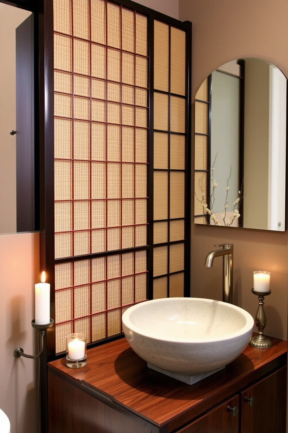 A serene Asian powder room featuring traditional textiles as decor. The walls are adorned with intricate silk tapestries showcasing vibrant colors and patterns, while a delicate wooden screen adds an element of privacy. A compact vanity with a polished dark wood finish is complemented by a round vessel sink made of ceramic. Bamboo accents and a small potted bonsai tree enhance the tranquil atmosphere, while soft lighting creates a warm and inviting glow.