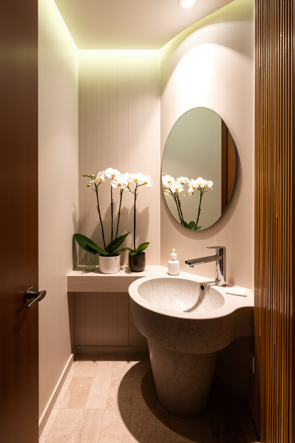 A serene Asian powder room designed for relaxation. Soft lighting creates an inviting atmosphere while fragrant essential oils fill the air, enhancing the sensory experience. The walls feature delicate bamboo paneling, complemented by a sleek stone sink. Natural elements like potted orchids and smooth river stones add a tranquil touch to the space.