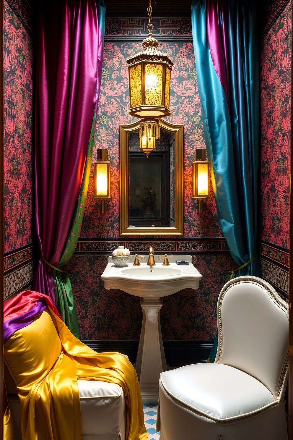 A vibrant Asian powder room adorned with colorful silk fabrics that drape elegantly over soft furnishings. The walls are embellished with intricate patterns, and a delicate lantern casts a warm glow throughout the space.