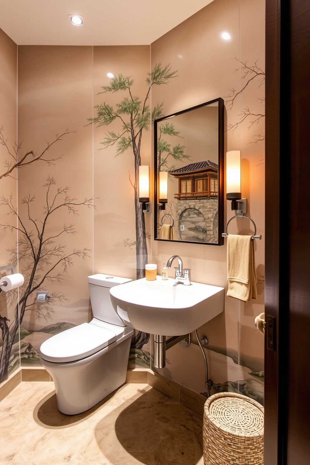 Open concept with seamless transitions in an Asian powder room. The space features natural wood accents and soft ambient lighting that creates a warm atmosphere. A floating vanity made of bamboo showcases a stone vessel sink. Behind the vanity, a wall adorned with intricate tile patterns adds a touch of elegance. The walls are painted in a soft taupe, complementing the dark wood flooring. A large mirror framed in natural wood reflects the serene design elements. Decorative plants in ceramic pots bring a sense of tranquility to the room. Subtle gold fixtures enhance the luxurious feel of the space.