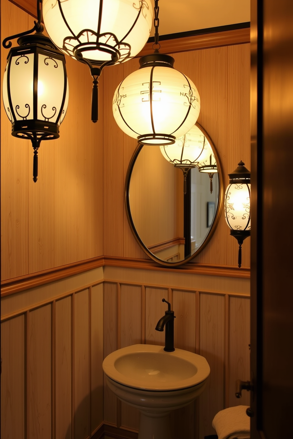 A serene Asian powder room featuring intricate lanterns that cast soft, warm light throughout the space. The walls are adorned with delicate wood paneling and subtle floral patterns, creating an inviting atmosphere.