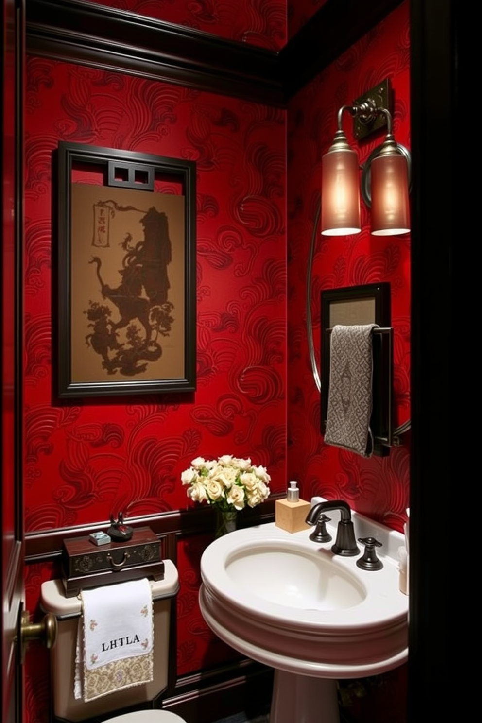 A striking Asian powder room features bold red wallpaper that adds dramatic flair to the space. The room is adorned with intricate wooden accents and traditional Asian decor elements, creating a harmonious balance of elegance and culture.