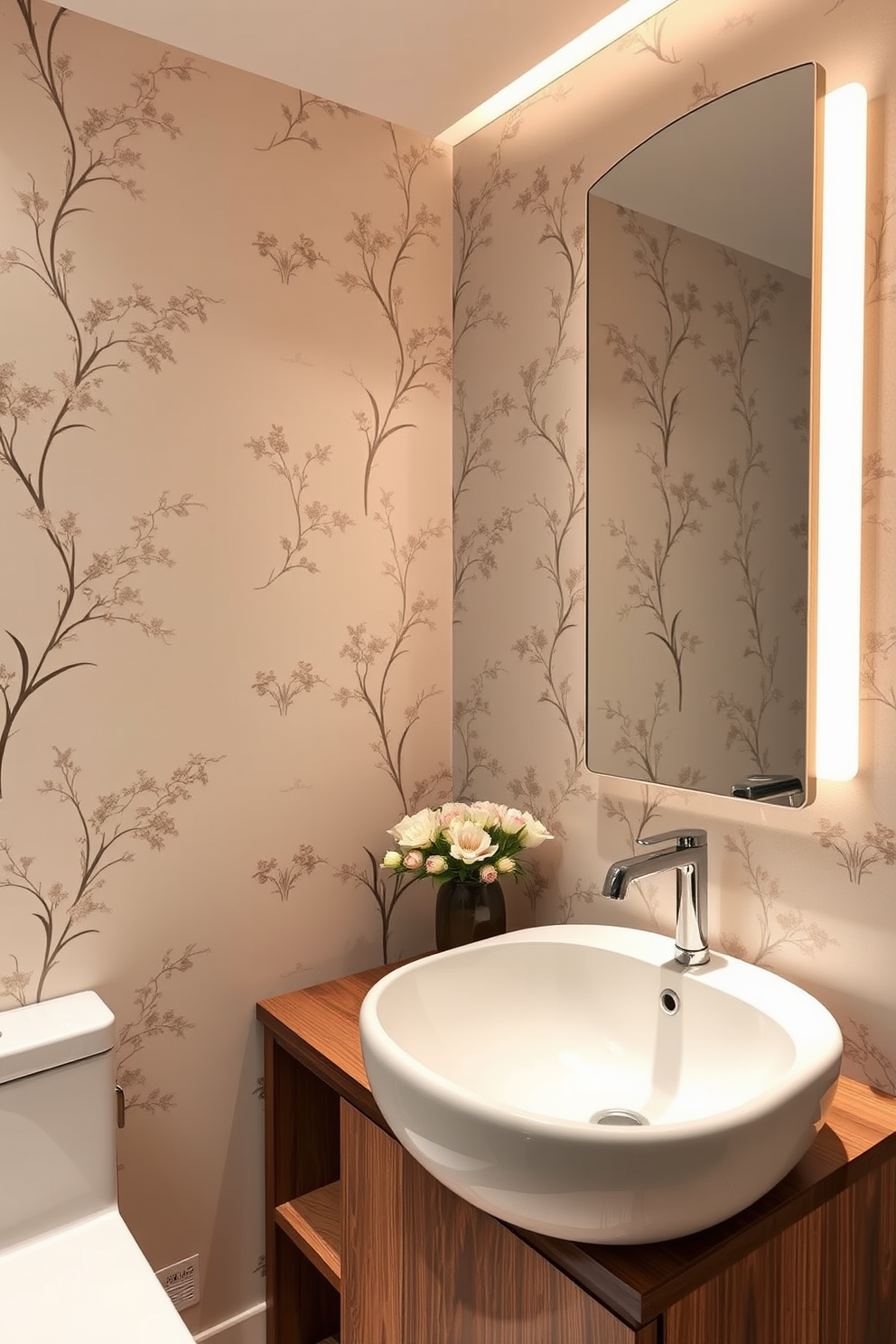 A stunning Asian powder room features a dramatic ceiling light fixture that cascades with intricate patterns. The walls are adorned with rich, dark wood paneling, and delicate Asian-inspired artwork adds a touch of elegance.