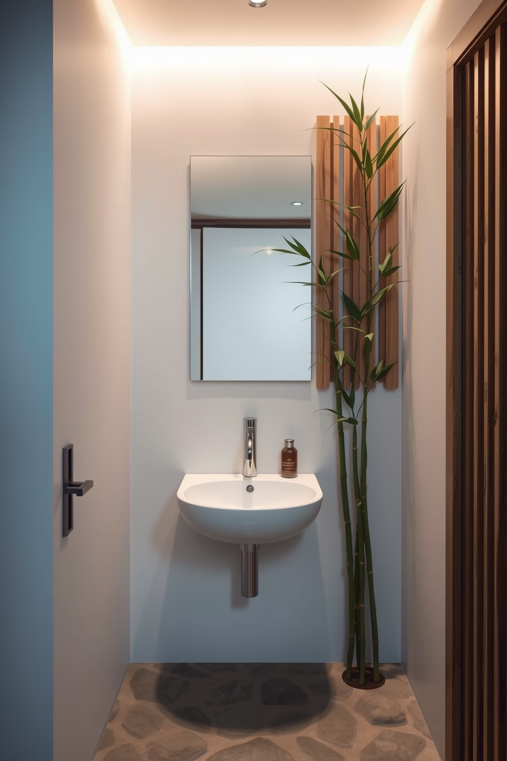 A serene Asian powder room featuring minimalist wooden shelving that elegantly displays decor items. The walls are adorned with subtle textures and calming colors, creating a tranquil atmosphere.