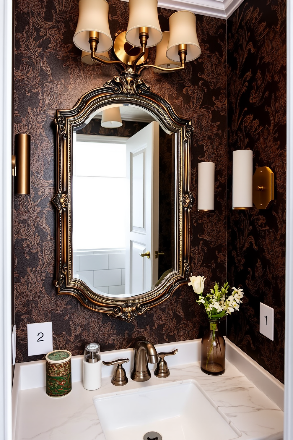 A funky mirror with an ornate frame serves as the focal point of the Asian powder room. The walls are adorned with rich, textured wallpaper featuring traditional Asian motifs, complemented by elegant lighting fixtures that enhance the ambiance.