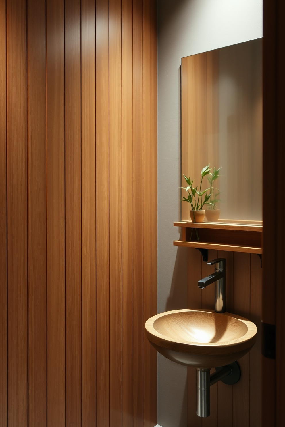 A serene Asian powder room featuring natural wood elements. The walls are adorned with warm wooden panels, and a small wooden sink with an elegant faucet is placed against one side. Soft lighting creates a calming atmosphere, highlighting the natural textures. Decorative bamboo plants and a minimalist wooden shelf add to the tranquil aesthetic.