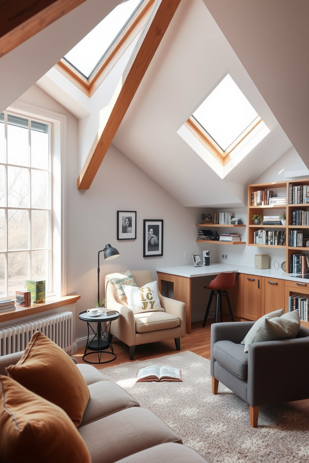 Cozy reading nook by the window. A plush armchair is positioned beside a large window, with soft natural light pouring in. A small side table holds a stack of books and a steaming cup of tea. The nook is adorned with warm, textured blankets and a floor lamp that creates a welcoming atmosphere. Attic Apartment Design Ideas. The space features exposed wooden beams and sloped ceilings that add character and charm. A contemporary layout includes a cozy living area with a sectional sofa and a compact kitchen that maximizes functionality.