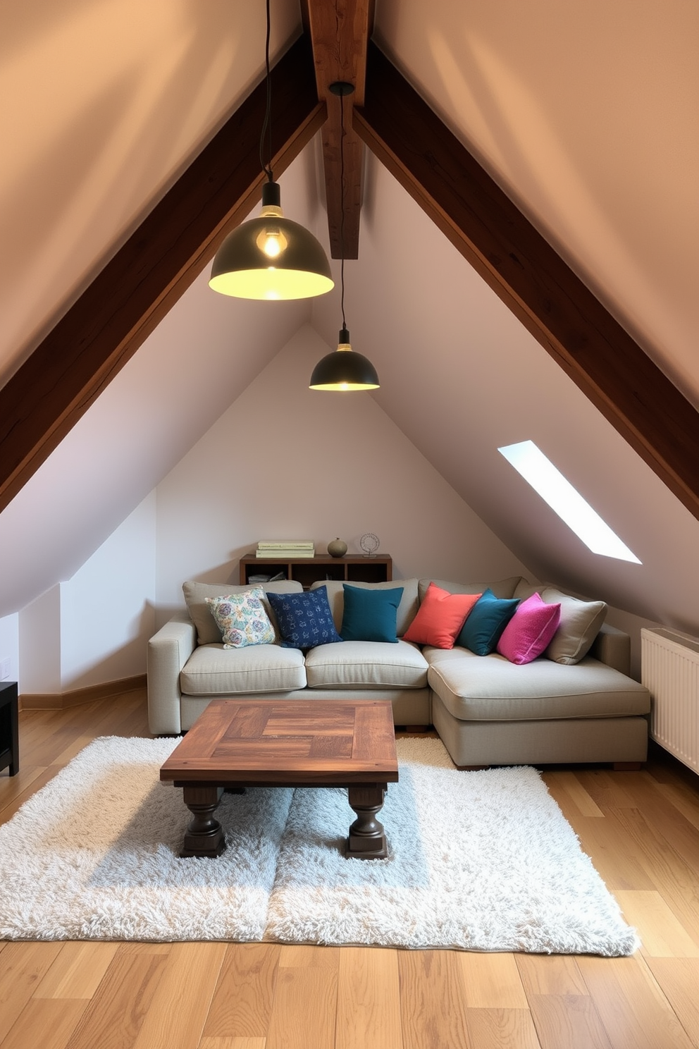 A minimalist attic apartment featuring clean lines and an open layout. The space is filled with natural light from large skylights, showcasing a neutral color palette of whites and soft grays. The living area includes a sleek sofa and a simple coffee table, creating a cozy yet spacious feel. A small dining nook with a round table and modern chairs complements the overall uncluttered aesthetic.