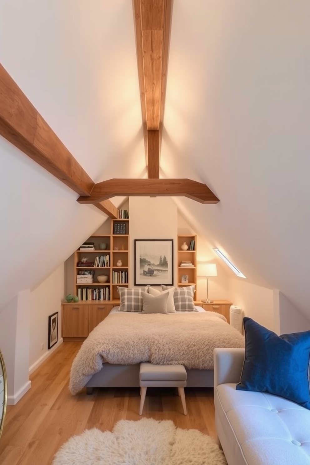 Cozy seating area with throw pillows. A plush sectional sofa is adorned with an array of colorful throw pillows in various textures. A rustic coffee table made of reclaimed wood sits in front of the sofa, topped with a few art books and a scented candle. The walls are painted in a warm beige tone, and a soft area rug anchors the space, adding warmth and comfort. Attic apartment design ideas. Exposed wooden beams create a charming focal point in the ceiling, enhancing the cozy atmosphere of the space. Large skylights allow natural light to flood the room, illuminating a stylish workspace tucked into one corner with a sleek desk and a comfortable chair.