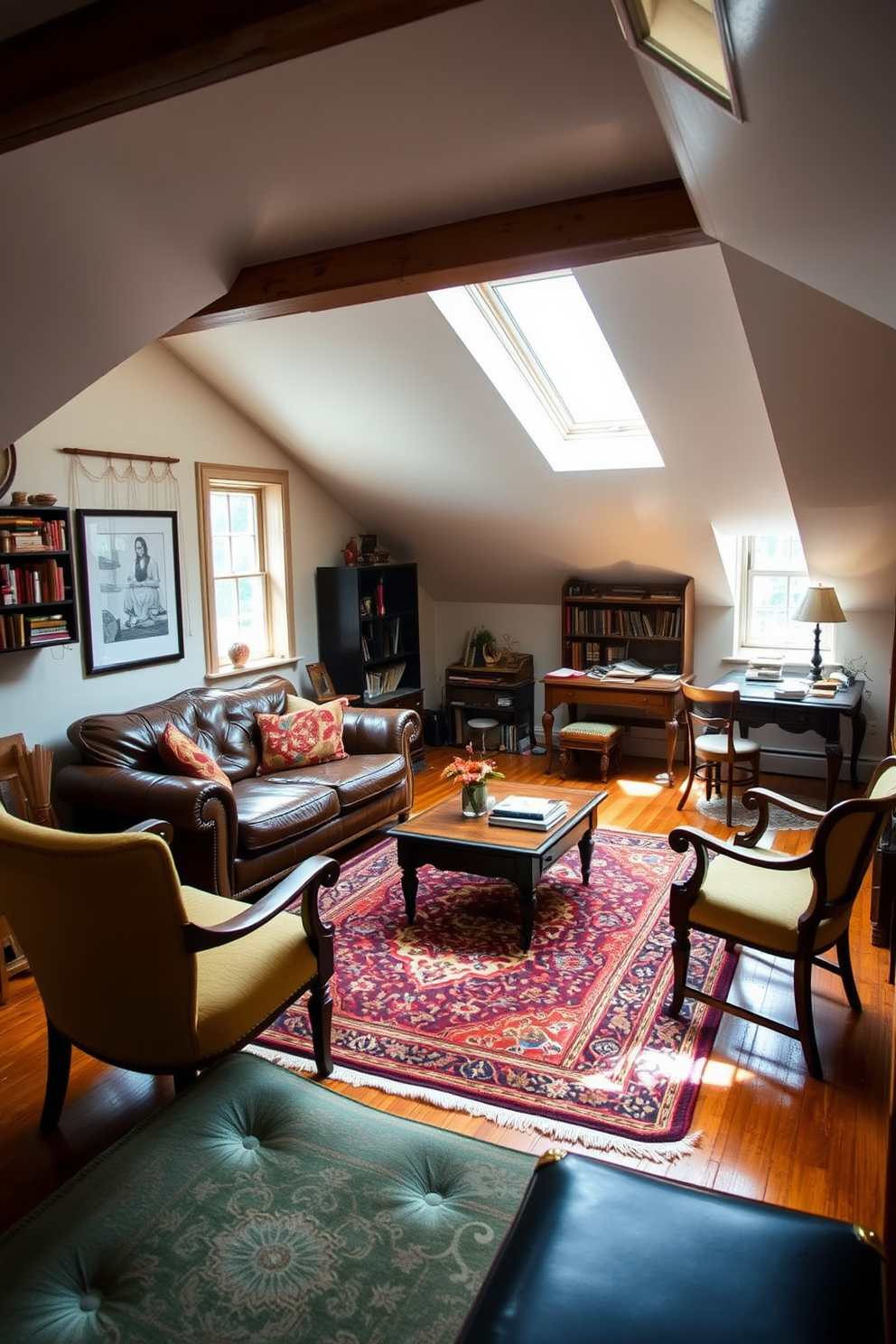 A cozy attic apartment featuring sloped ceilings and exposed wooden beams. Large mirrors are strategically placed to enhance the sense of depth and openness in the space. The living area includes a plush sofa and a coffee table, with a small dining nook nearby. Soft, neutral colors dominate the decor, complemented by warm lighting fixtures that create an inviting atmosphere.