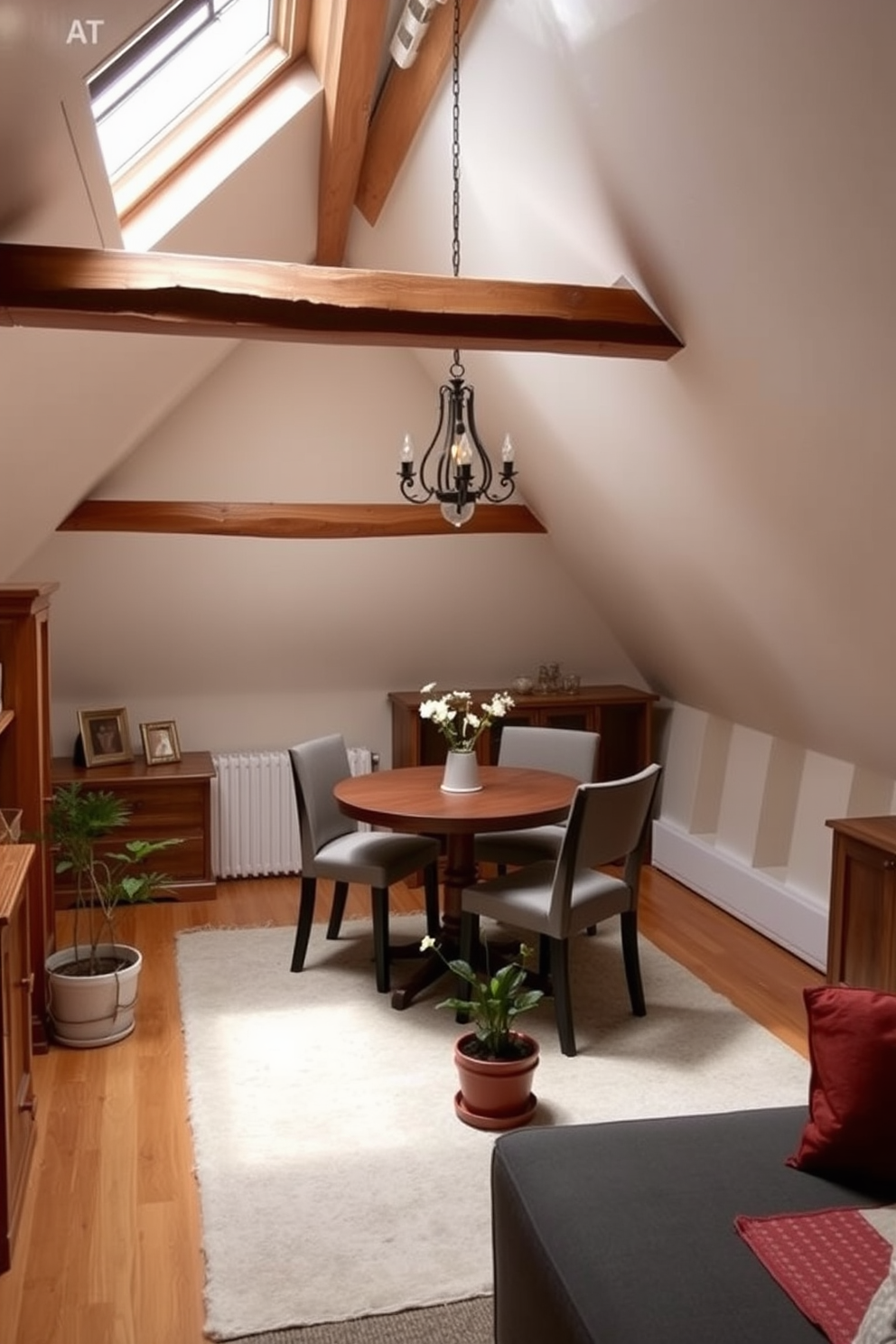 A stylish attic apartment with layered lighting that enhances both ambiance and functionality. The space features a mix of recessed lights, pendant fixtures, and warm table lamps to create a cozy atmosphere. The design incorporates sloped ceilings with exposed beams, painted in a soft white to maximize light reflection. A comfortable seating area is arranged near a large window, adorned with sheer curtains that allow natural light to filter in.