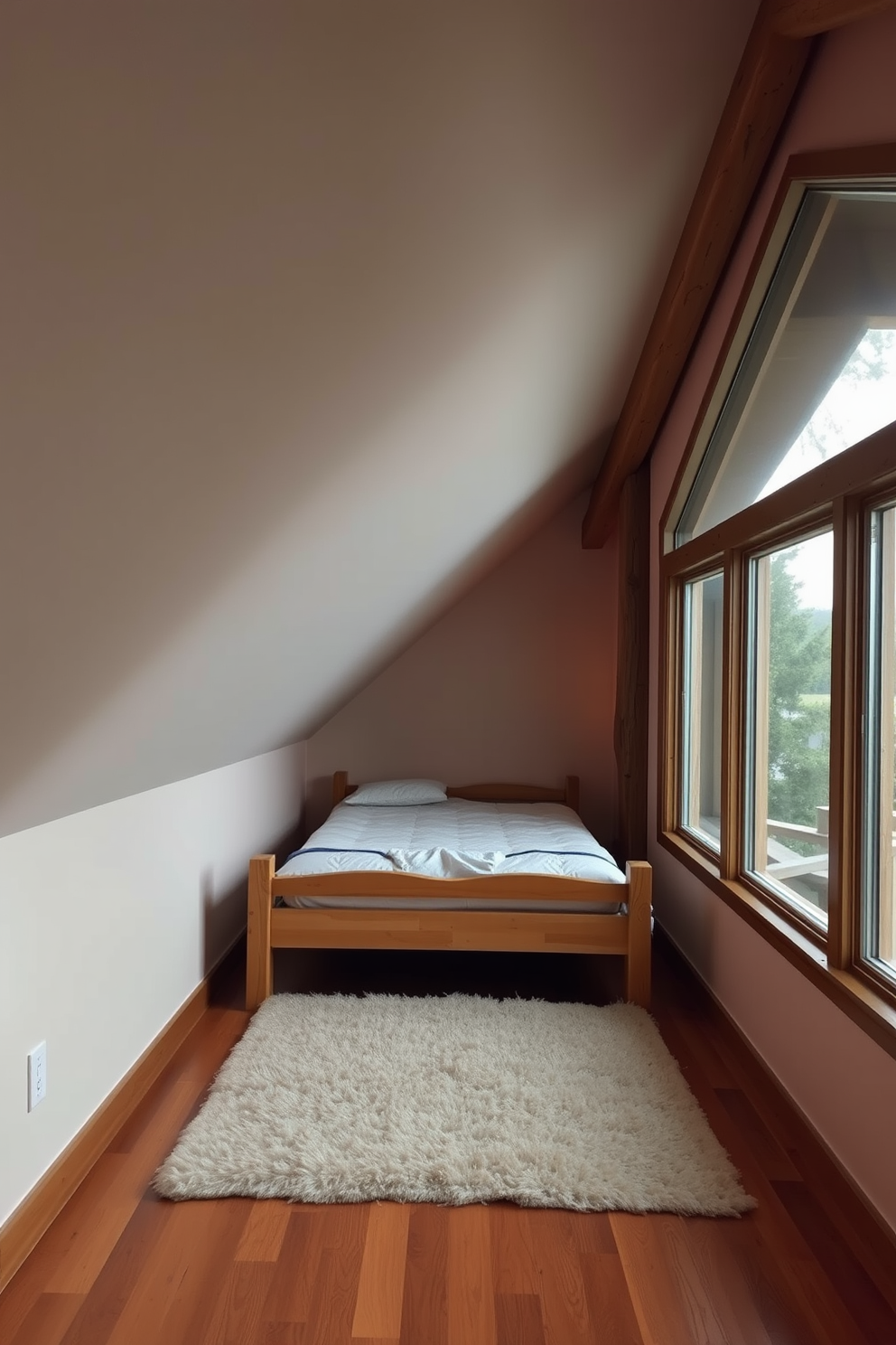 A serene attic apartment setting with a neutral color palette. Soft beige walls complement light wooden beams, creating a warm and inviting atmosphere. The living area features a cozy sectional sofa adorned with cream and gray cushions. A minimalist coffee table sits atop a plush area rug, adding texture and comfort to the space. Large windows allow natural light to flood the room, highlighting the airy feel. Potted plants are strategically placed to bring a touch of nature indoors. The kitchen area showcases sleek white cabinetry paired with a subtle gray backsplash. A small dining table with modern chairs completes the functional yet stylish design.