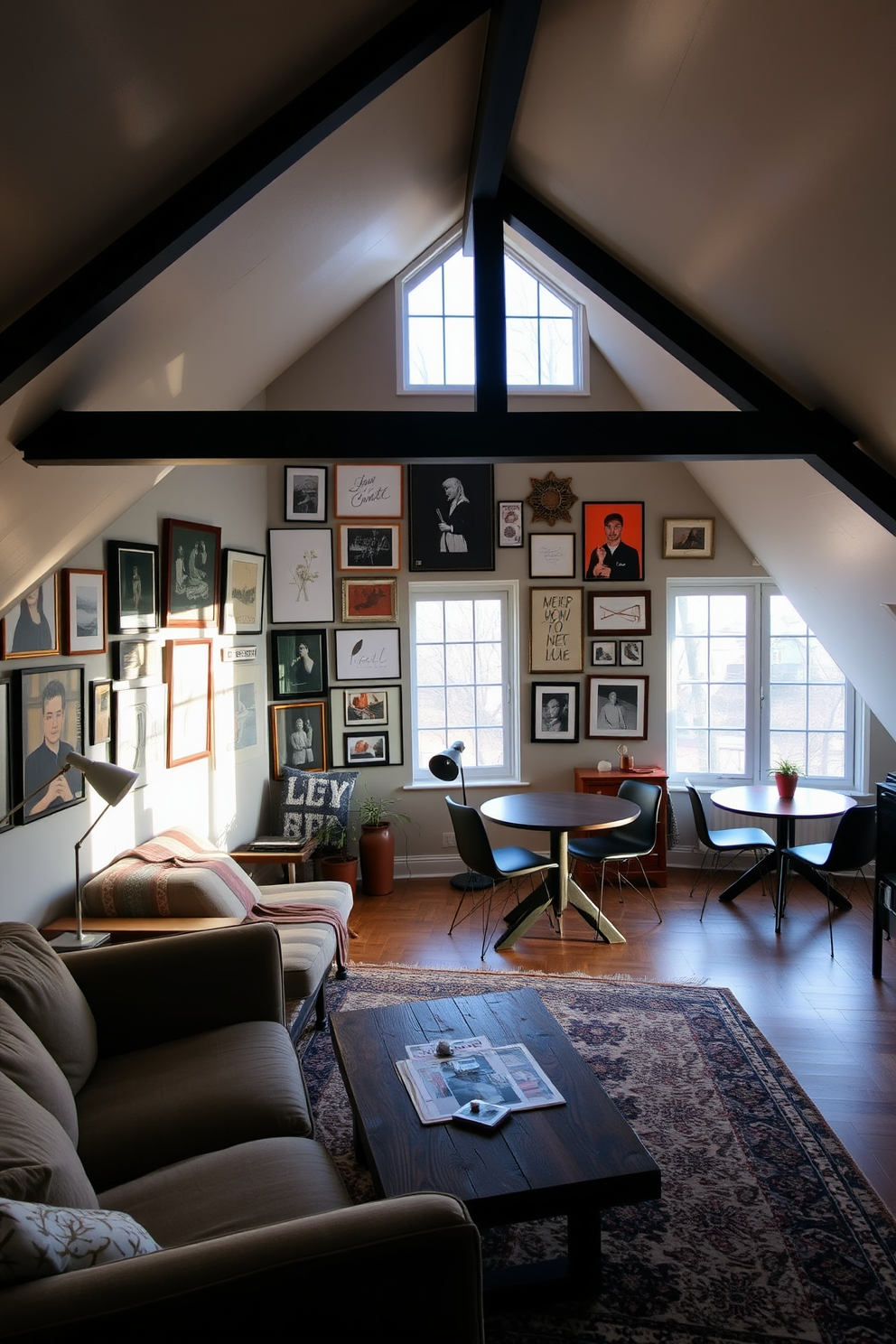 A cozy attic apartment featuring rustic wood beams that add character and warmth to the space. The open layout includes a comfortable seating area with plush furniture, complemented by natural light streaming through skylights.