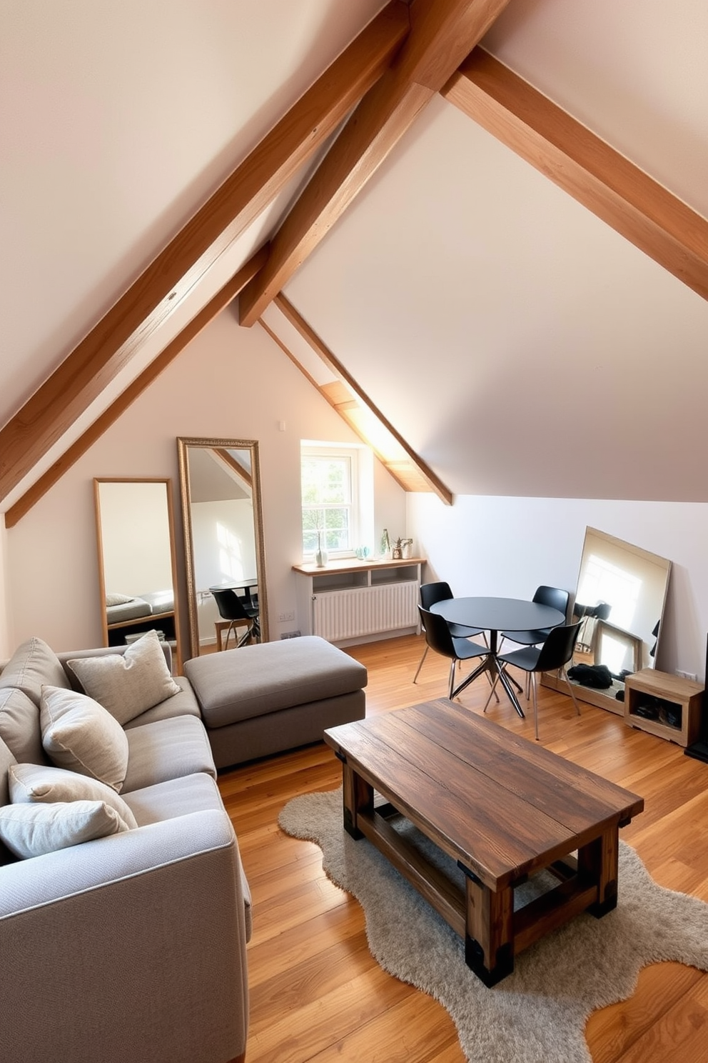 A cozy attic apartment featuring built-in bookshelves that maximize space. The shelves are crafted from reclaimed wood and line the walls, filled with an array of books and decorative items. Natural light pours in through skylights, illuminating the warm color palette of soft greys and creams. A comfortable reading nook with a plush armchair is nestled beside the bookshelves, creating an inviting atmosphere.