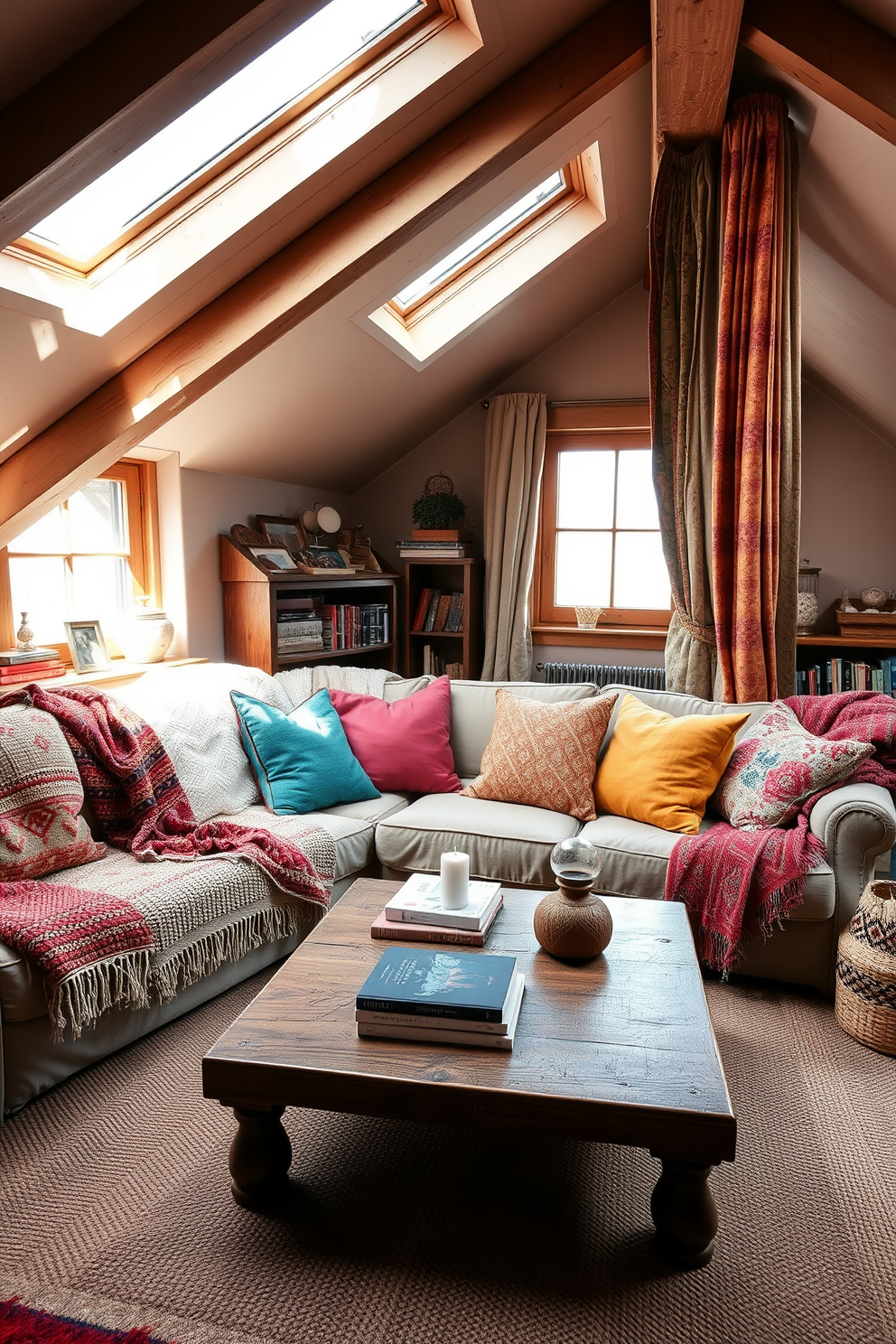 A cozy attic apartment filled with layered textiles for warmth and comfort. Soft throw blankets drape over a plush sofa, while colorful cushions add a pop of color to the seating area. Natural light floods the space through skylights, illuminating the rich textures of woven rugs and curtains. A wooden coffee table sits in the center, adorned with books and a decorative candle for a welcoming touch.