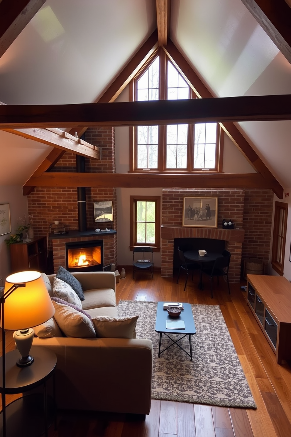 A cozy attic apartment featuring exposed wooden beams and a stone fireplace. The walls are adorned with warm-toned wood paneling, and a plush area rug lies on the hardwood floor. A comfortable seating area includes a vintage leather sofa and a reclaimed wood coffee table. Natural light pours in through dormer windows, illuminating the space with a soft glow.