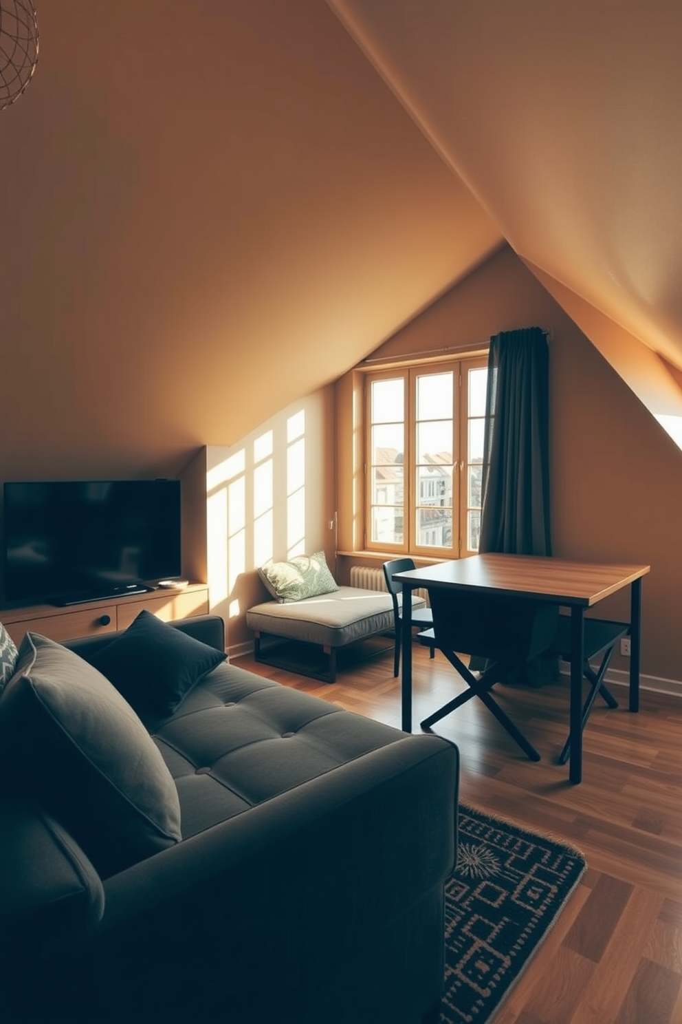 A cozy attic apartment features a cushioned window seat bathed in natural light. Surrounding the seat are built-in bookshelves filled with books and decorative items, creating a perfect nook for relaxation.