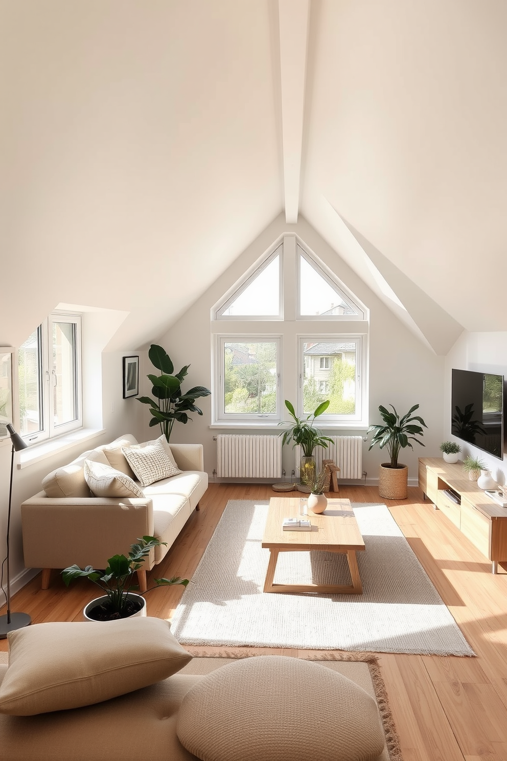 A cozy attic apartment featuring open shelving for both storage and display. The shelves are made of reclaimed wood and are adorned with a mix of books, plants, and decorative objects, creating an inviting atmosphere. The walls are painted in a soft white, enhancing the natural light that floods in through the skylights. A plush area rug anchors the seating area, which includes a comfortable sofa and a small coffee table, perfect for relaxation.