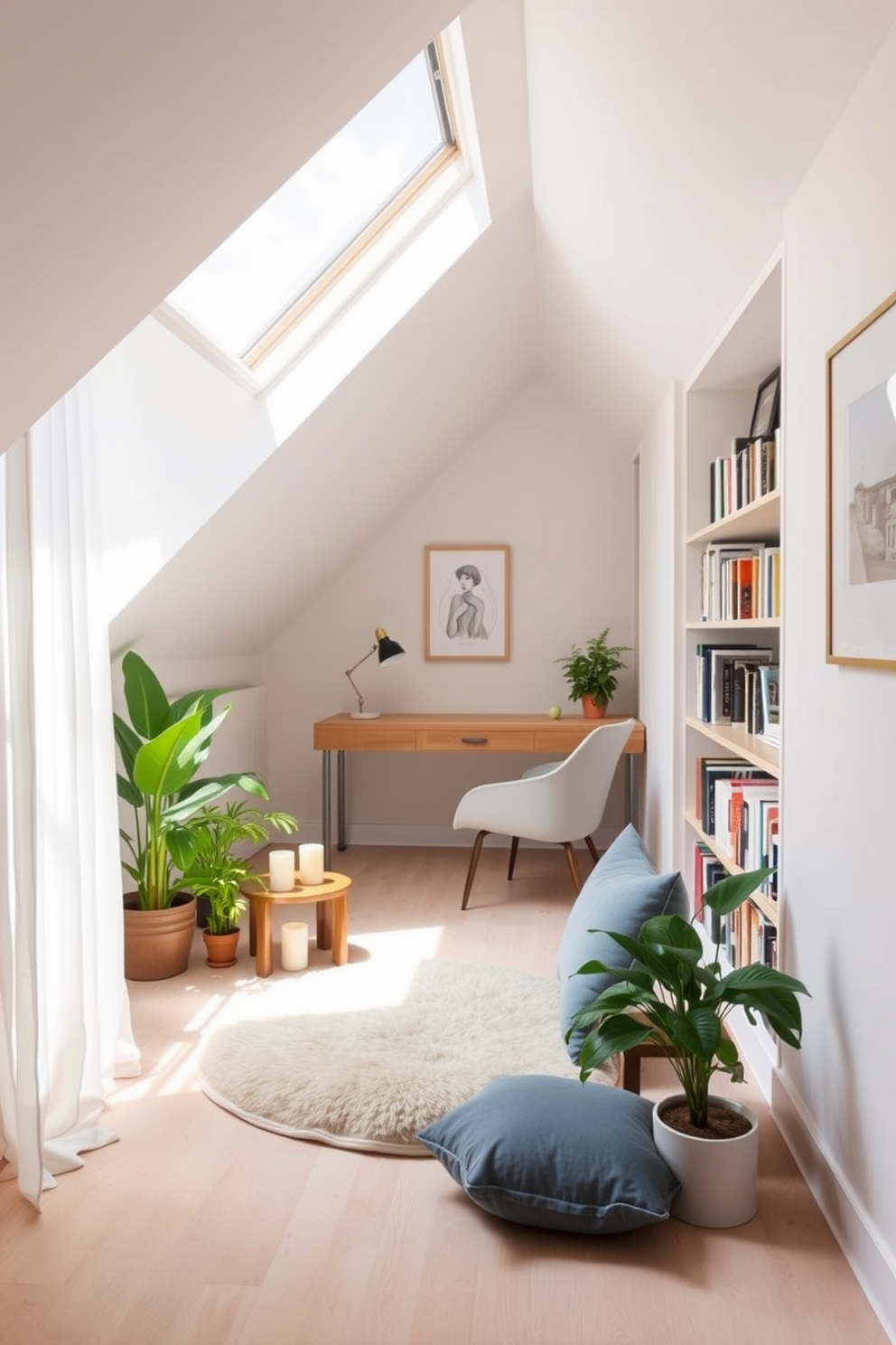 A cozy attic apartment filled with bold color accents that create a vibrant energy. The walls are painted in a rich teal, complemented by bright orange throw pillows on a plush gray sofa. A statement yellow armchair is positioned near a large window, allowing natural light to flood the space. Colorful artwork adorns the walls, adding personality and warmth to the overall design.