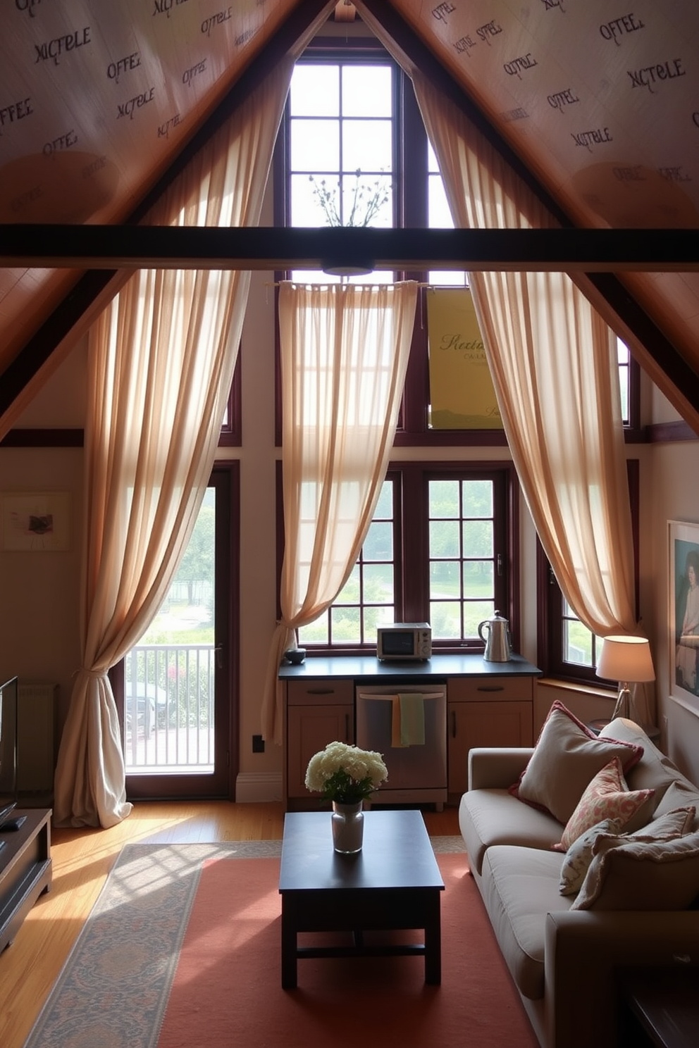 A cozy seating area features plush cushions and soft throws in various textures and colors. A large window allows natural light to flood the space, highlighting a stylish coffee table in front of a comfortable sofa. The attic apartment design showcases sloped ceilings adorned with wooden beams. A mix of modern and vintage furniture creates an inviting atmosphere, complemented by warm lighting fixtures.