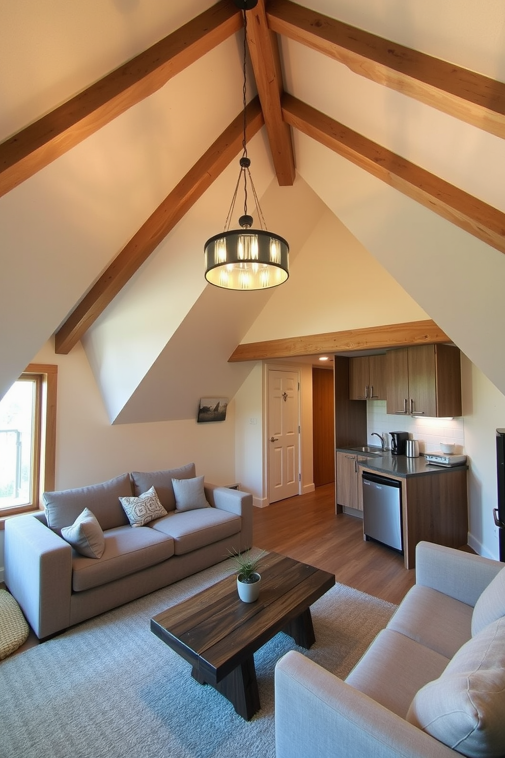 A charming attic apartment featuring soft, flowing curtains that create a cozy atmosphere. The space is adorned with warm wood beams and plush furnishings, inviting relaxation and comfort.