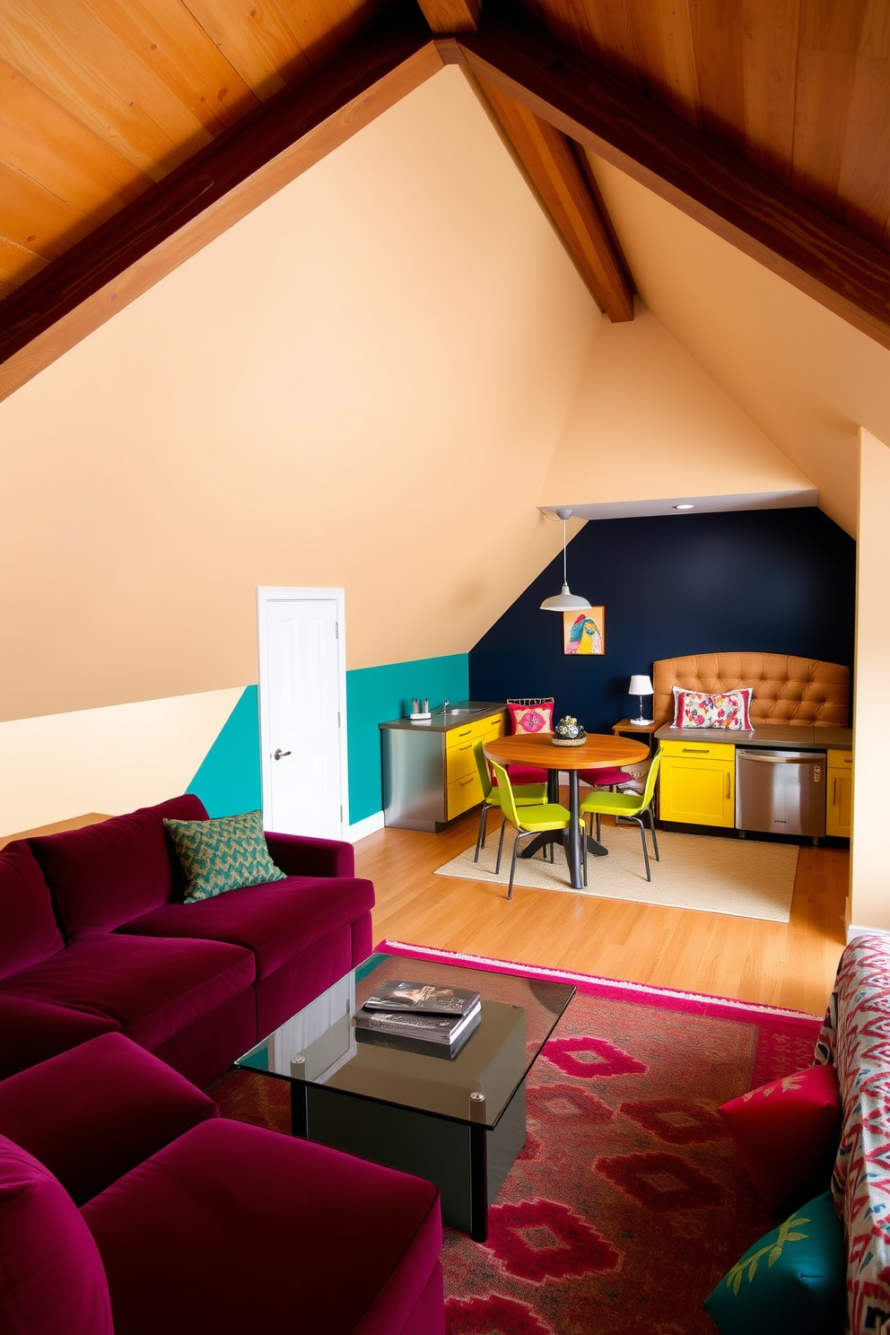 A stylish attic apartment featuring unique light fixtures that serve as focal points. The space is adorned with a mix of modern and vintage decor, creating a cozy yet sophisticated atmosphere. The walls are painted in warm neutral tones, complemented by exposed wooden beams that add character. Plush seating arrangements and a small dining area enhance the functionality of the space while maintaining an inviting aesthetic.