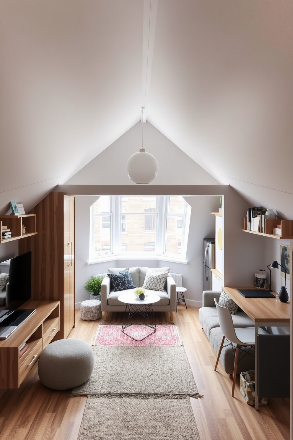 A cozy attic apartment filled with personalized decor featuring family photos displayed in various frames on the walls. The space is illuminated by natural light streaming through a skylight, highlighting a comfortable seating area with a plush sofa and a small coffee table. The room is adorned with warm wooden beams and soft, neutral colors that create an inviting atmosphere. A small work desk in one corner is surrounded by bookshelves filled with cherished books and mementos, adding a personal touch to the design.