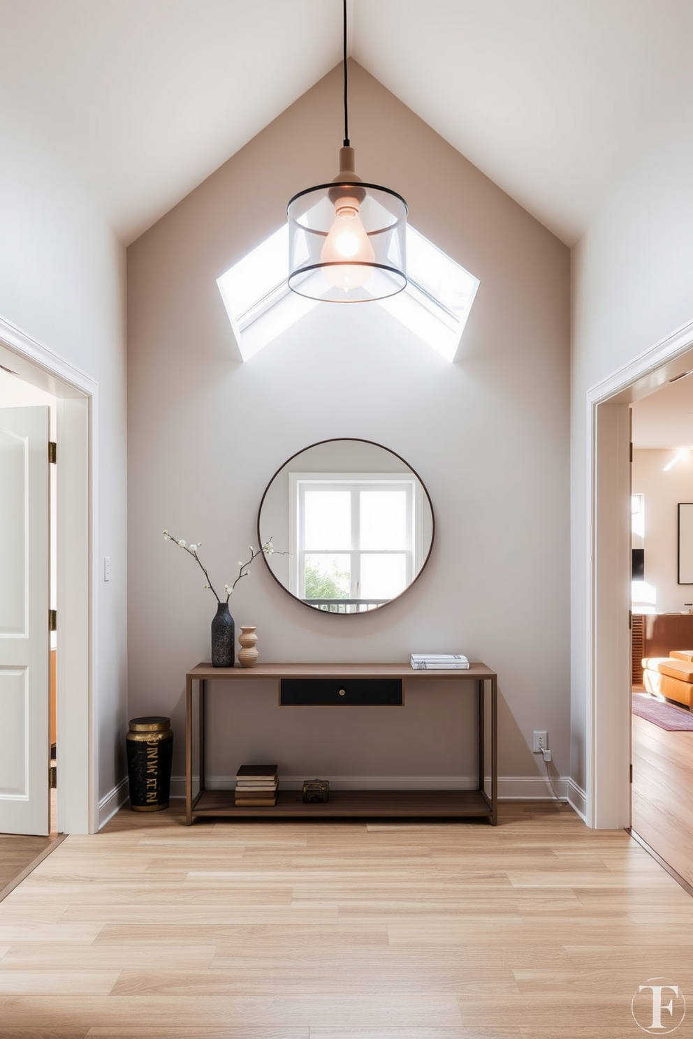 A cozy attic apartment filled with character. The space features floor-to-ceiling bookshelves that house an extensive collection of books, creating a warm and inviting atmosphere. Natural light floods the room through skylights, illuminating a comfortable reading nook with a plush armchair and a small side table. The walls are painted in a soft beige, complementing the rich wood tones of the shelves and exposed beams.