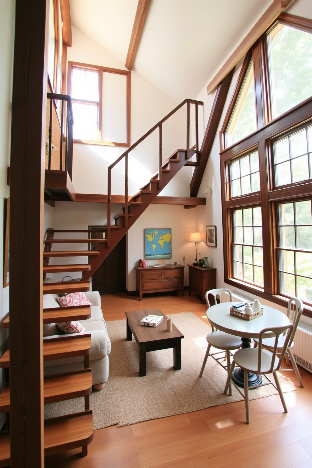 Artistic staircase design for charm. A sweeping wooden staircase with intricate wrought iron railings leads to a cozy attic space filled with natural light. Attic apartment design ideas. The open layout features exposed beams, a plush seating area, and a small kitchenette, all accented by warm, inviting colors.