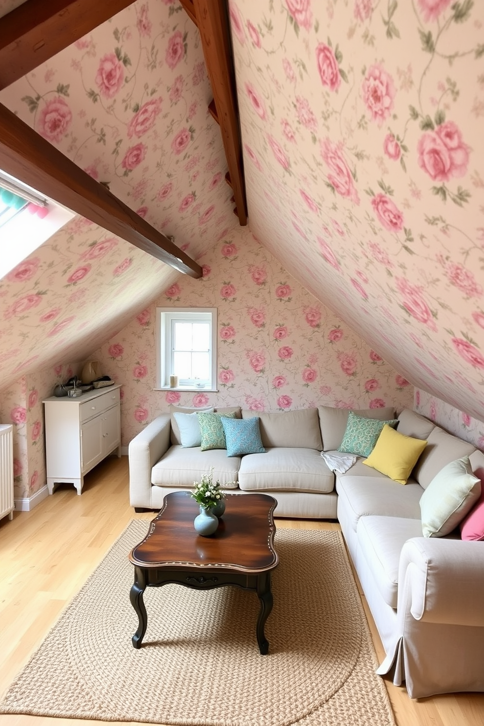 A cozy attic apartment features hidden storage seamlessly integrated under the eaves, maximizing space while maintaining a clean aesthetic. Soft natural light filters through skylights, illuminating a comfortable seating area adorned with plush cushions and a stylish coffee table.