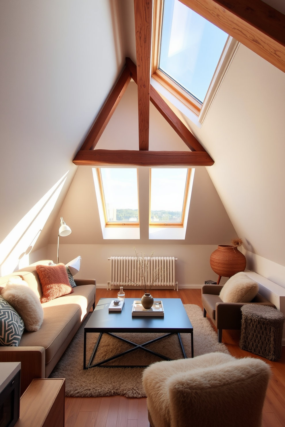 A cozy attic apartment with rustic wood beams exposed on the ceiling. Warm lighting fixtures create an inviting atmosphere, illuminating the space with a soft glow. The walls are adorned with a mix of vintage art and natural textures. A plush sofa in earthy tones sits near a window, offering a perfect spot to relax and enjoy the view.